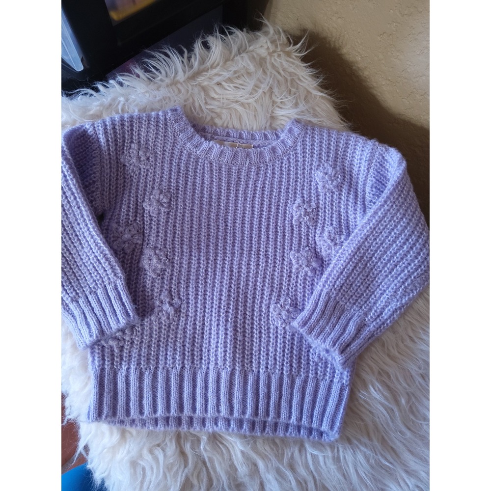 Margaux & Lexi Toddler Girls Purple Chunky Knit Floral Pom Pom Sweater 2T